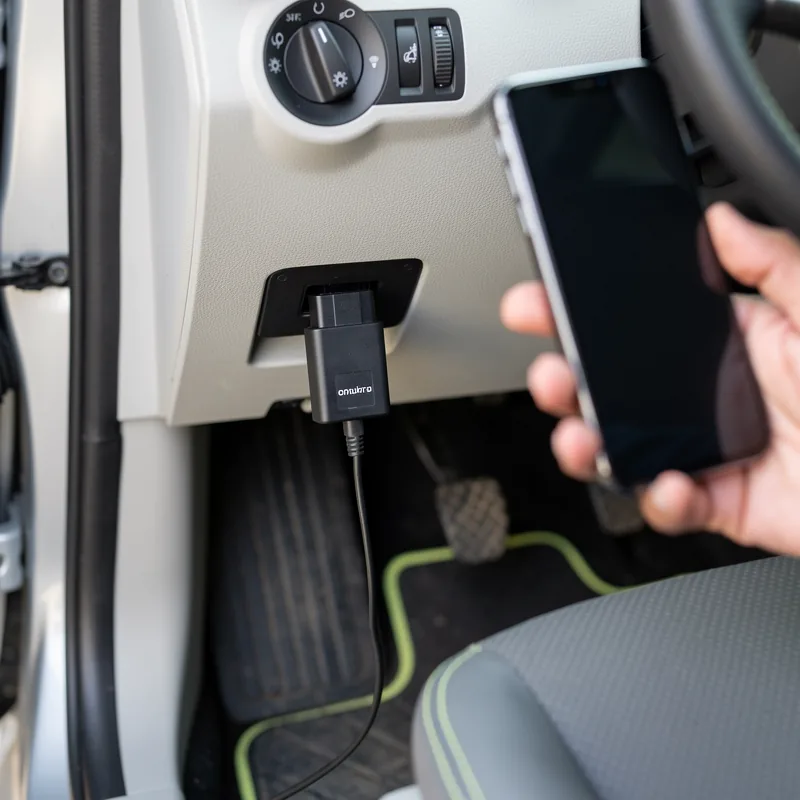Mali OBD adapter utaknut u priključak ispod upravljača osobnog automobila